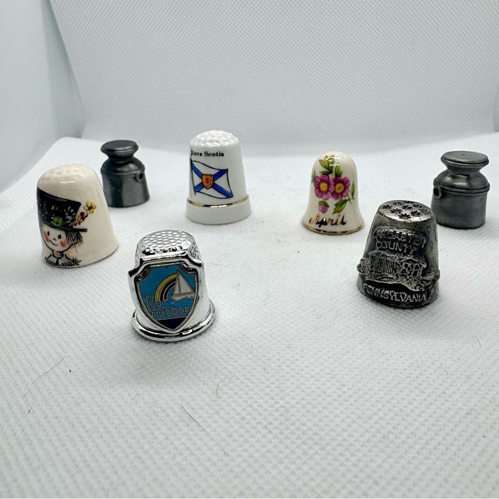 Mixed Vintage Thimble Lot Pewter Milk Cans Bar Harbor Nova Scotia PA Crochet Hat